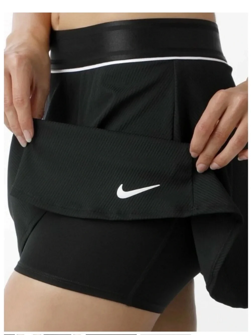 Nike Court Flouncy Tennis Skirt Black with White Piping and Swoosh logo. Size XL